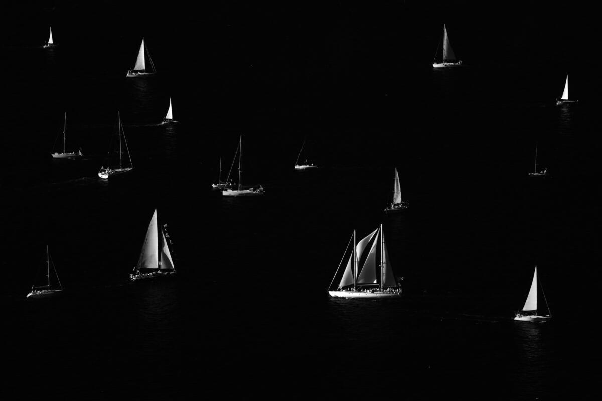 Barche a vela e un veliero d'epoca sul mare scuro, Barcolana 2025